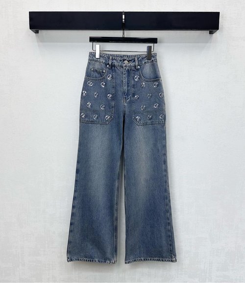 Louis Vuitton Embroidered Sequin Denim Wide-Leg Trousers with Brand Identification