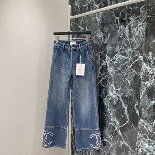 Chanel Heavy-Beaded Jeans with Double C Logo, Fashionable and Comfortable Trousers
