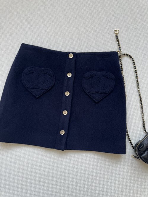 Chanel Woolen Skirt with Button Design and Logo-Embroidered Pockets