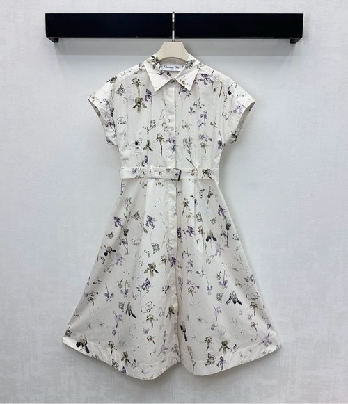 Dior Bee Embroidered Logo Imported Cotton Printed Short-Sleeve Dress