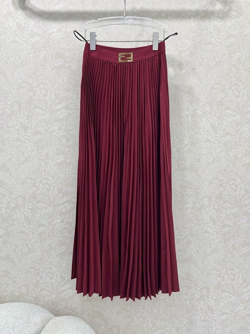 Fendi Elegant Long Pleated Skirt with Double - F Metal Decoration