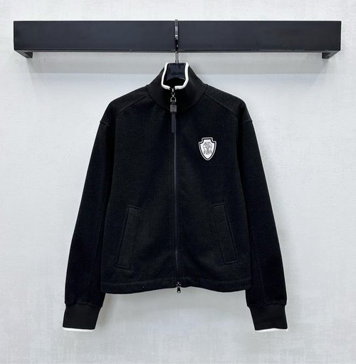 Brunello Cucinelli Embroidered Logo Imported Wool Stand-Collar Zip-Up Jacket