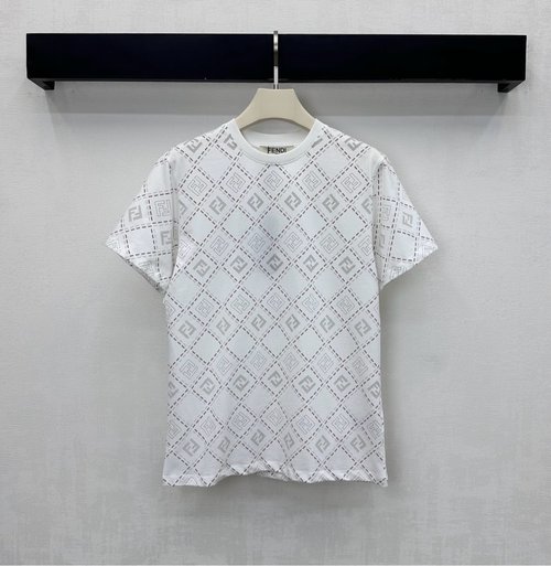 Fendi Round Neck T-Shirt with Diamond Print and Double F Logo - Timeless Design