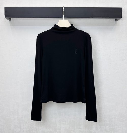 Yves Saint Laurent Stand-up Collar Slim Fit Embroidered Logo Sweater with Imported Blended Wool