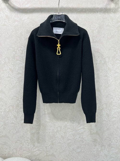 Schiaparelli Stylish Knit Jacket with Zipper and Gold Button Accents, Wool Blend