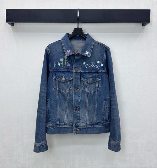 Celine Embroidered Flower Denim Jacket with Logo Details for Retro Style