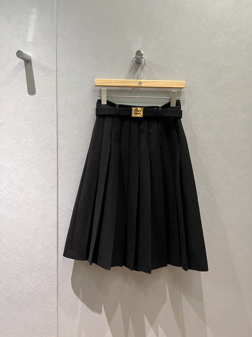 Miu Miu Belted Pleated Wool Blend Skirt