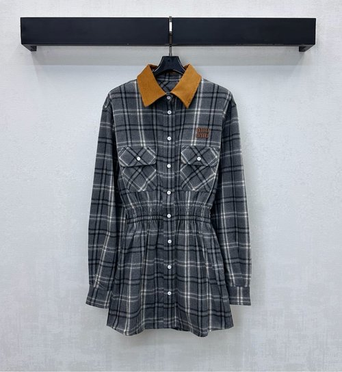 Miu Miu Wool Checked Shirt Dress with Corduroy Collar and Logo Details - Chic Appeal