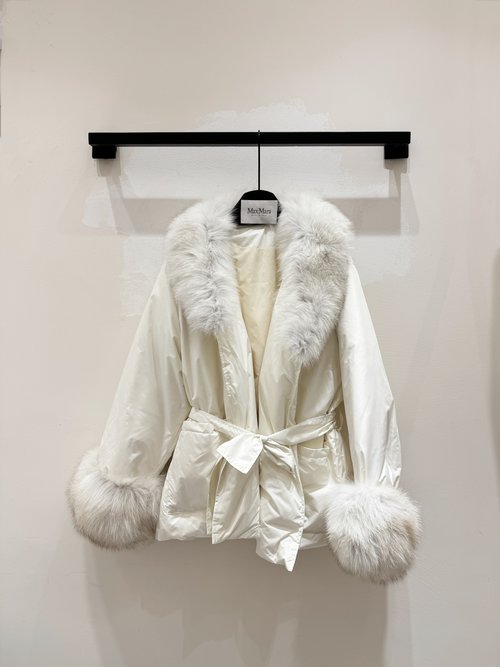 Max Mara Detachable Fox Fur Collar Waist-Gathered Down Coat in Multiple Colors