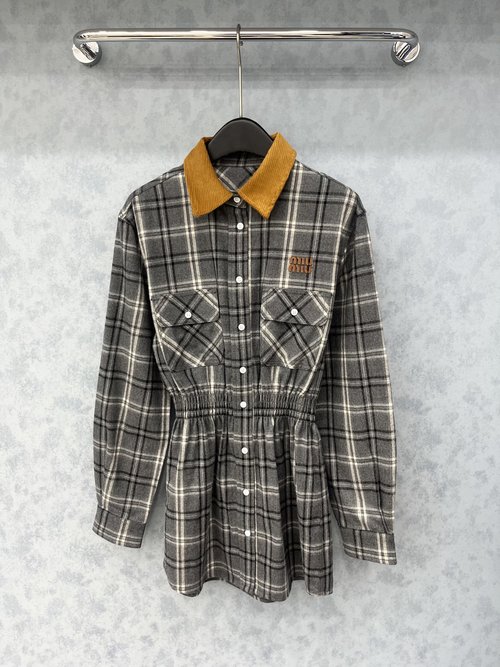 Miu Miu Checked Contrast Collared Waist-Defining Dress