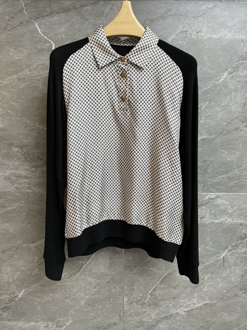 Loro Piana Autumn Silk-Printed Blouse with Polo Collar, Silk & Wool Blend