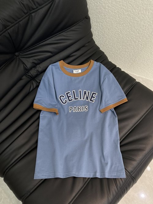 Celine Color-blocked Embroidered Letter Short-sleeved T-shirt, Stylish and Versatile