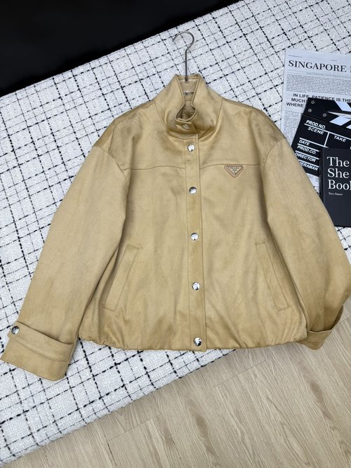 Prada Classic Triangle Logo Stand-up Collar Jacket, Supple Texture with Timeless Appeal