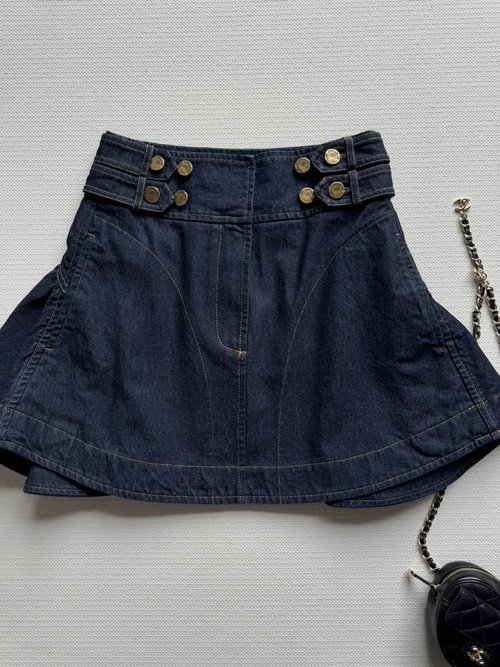 Loro Piana High-Waisted Denim Skirt with Logo Metal Buttons