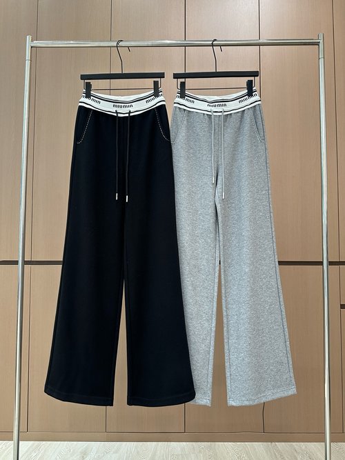 Miu Miu Designer s Casual Pants with Contrasting Waist and Embroidery