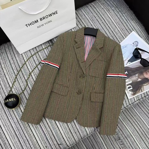 Thom Browne Classic Tweed Blazer and Pleated Skirt Ensemble with Bowknot Sleeves