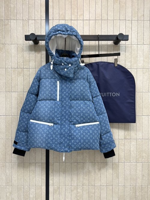 Louis Vuitton Hooded High-collared Down Jacket with Gradient Denim Pattern and Multiple Details