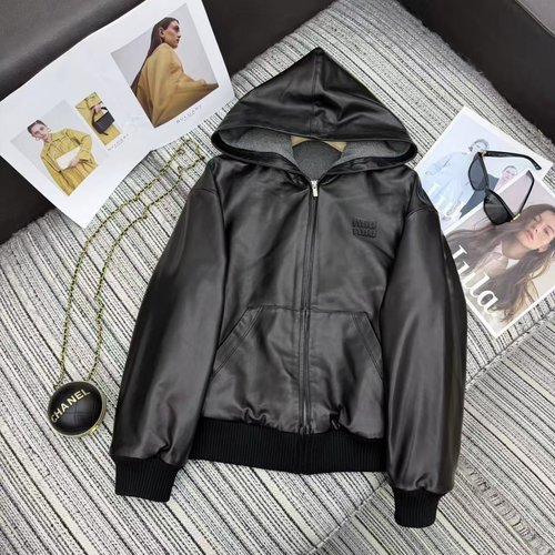 Miu Miu Miu Hooded Leather Jacket with Letter Decoration