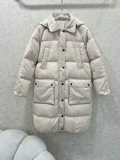 Brunello Cucinelli Long Down Jacket with Detachable Hood, Windproof and Warm Memory Fabric