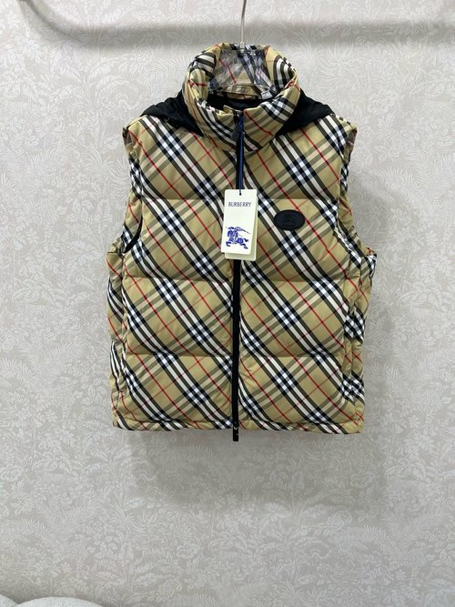 Burberry Silicone Badge Checkered Down Vest with Hidden Hood