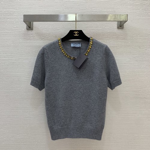 Prada High - end Customized Knit Top with Logo Diamond Decoration