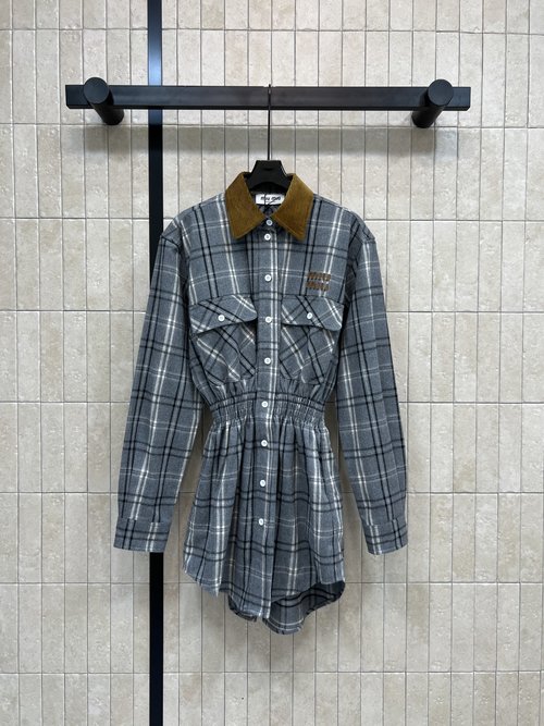 Miu Miu Gray Plaid Shirt Dress with Elastic Waistband for General Wear