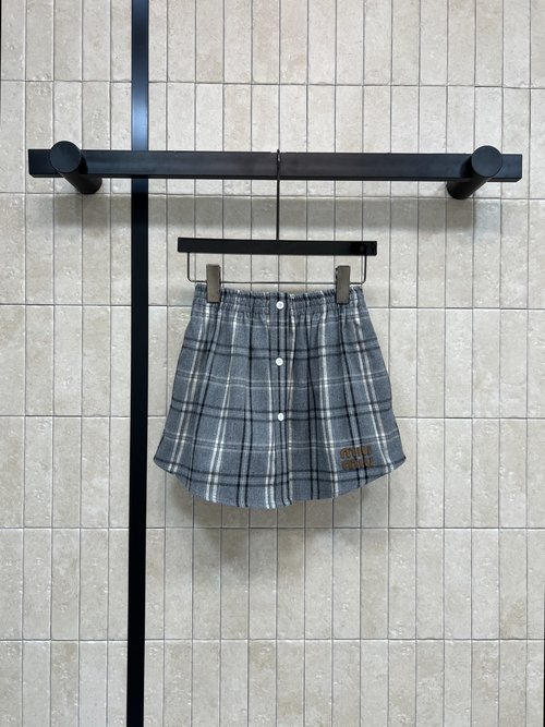 Miu Miu Grey Plaid Embroidered Short Skirt with High Waist and A - line Silhouette for General Wear