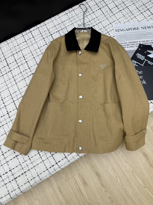 Prada Classic Triangle Logo Collar Patchwork Corduroy Blazer, Loose Fit with Understated Charm