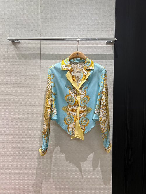 Versace Short Silk Shirt with Irregular Hem and Matching Wide-Leg Pants