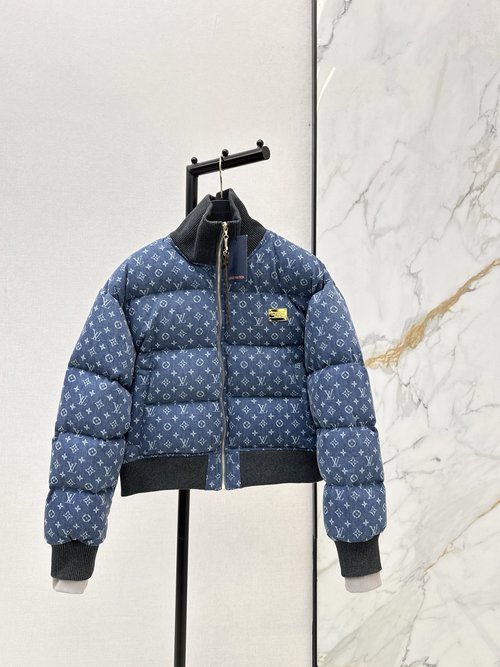 Louis Vuitton Denim Down Jacket with Collar and Logo Design
