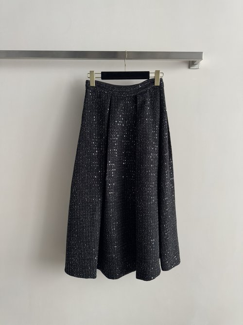 Loro Piana Black Tweed Midi Skirt with Sequin, Elegant Style