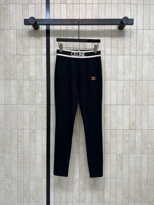 Celine Triumph Arch Logo Embroidered Leggings with White Ribbed Waistband