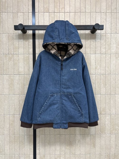 Miu Miu Reversible Hooded Coat with Checked Lamb Wool and Denim
