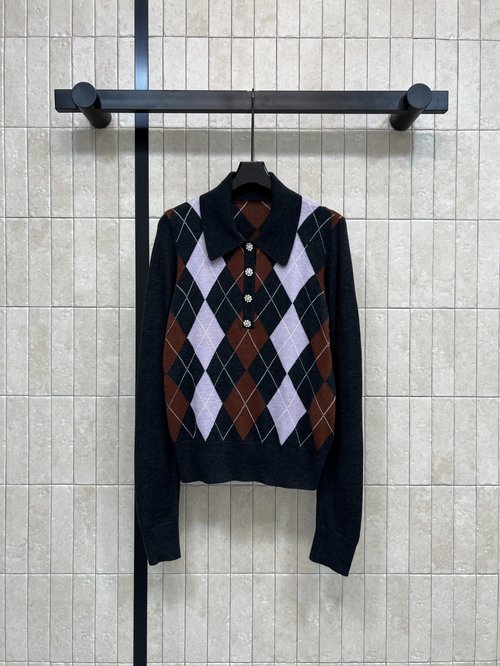 Self-Portrai Checked Knit Polo Collar Long-Sleeved Shirt, Featuring Retro Elegance