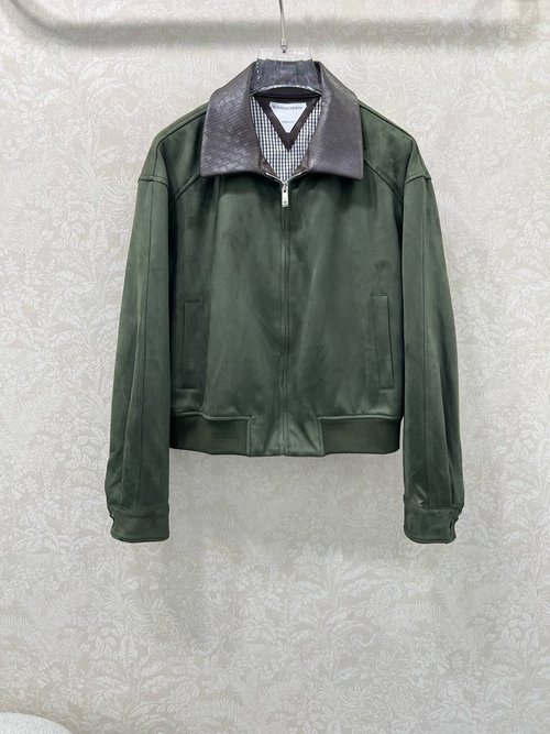 Bottega Veneta Woven Leather Collar Suede Jacket, Versatile for Various Occasions