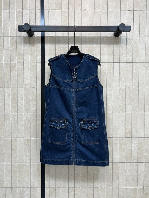 Louis Vuitton Vintage Denim Sleeveless A-line Dress with Logo Zipper