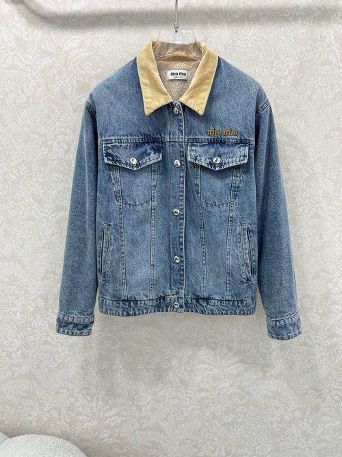 Miu Miu Enzyme-Washed Corduroy Collar Fleece-Lined Denim Coat with Embroidered Letters