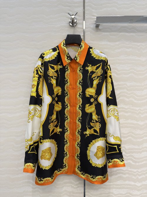 Versace Baroque Printed Silk Shirt with Medusa Metal Buttons and Classic Loose Fit