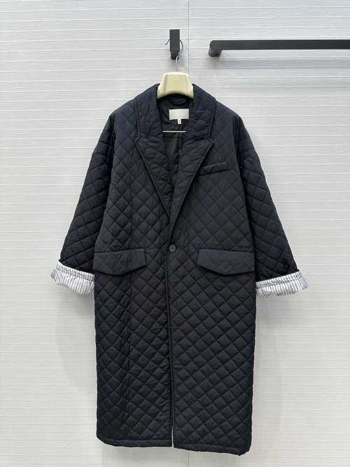 Maison Margiela Recommended Diamond Quilted Black Cotton Coat with Striped Lining