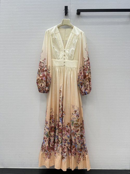 Zimmermann Ivory Floral Print Long Dress with Deep V-Neck and Lantern Sleeves