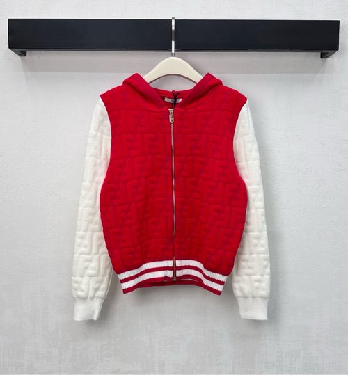 Fendi Customized Wool Knit Hooded Jacket with Logo Jacquard and Contrast Details