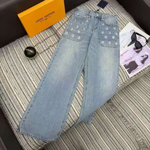 Louis Vuitton Sequin Logo Pocket Denim Straight-Leg Pants with Nice Wash Color