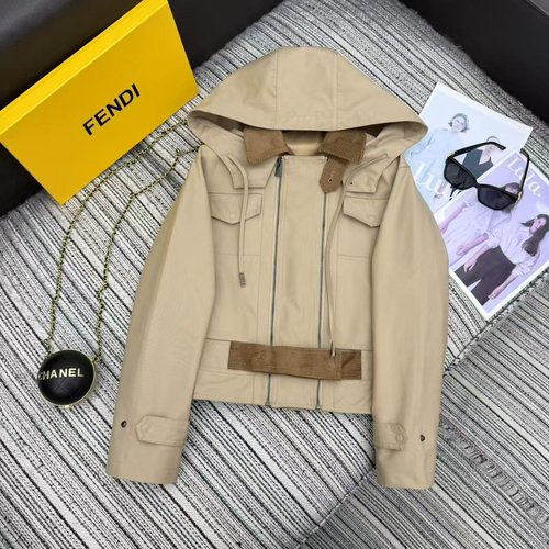 Fendi Fen Series Corduroy Collar Zippered Hooded Windbreaker