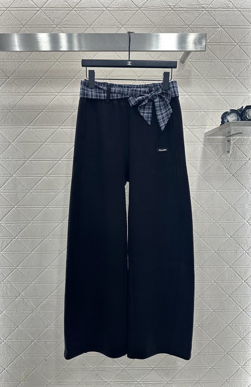Miu Miu Customized Flannel Checked Belt Wide-Leg Trousers, Stylish and Comfortable