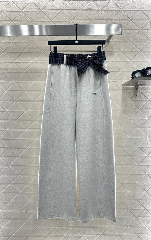 Miu Miu Brushed Check Waistband Wide-Leg Pants with Bow Detail