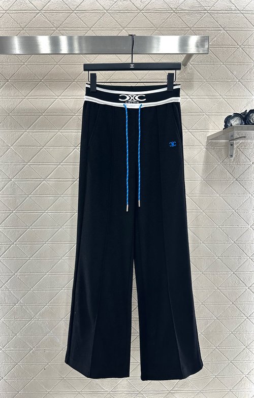 Celine Stylish Color-Blocked Drawstring Straight-Leg Pants with Embroidered Logo