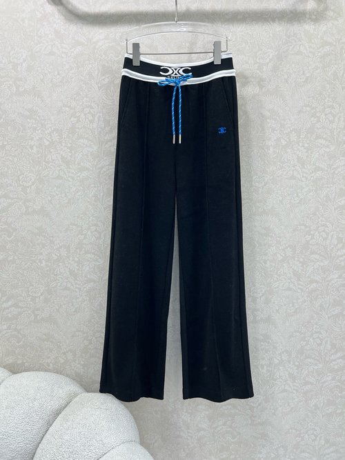 Celine Elastic Waistband Wide-Leg Trousers with Logo and Embroidered Decoration