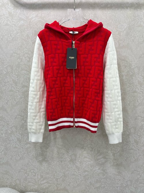 Fendi Color-Blocked Hooded Knit Cardigan with Double F Motif