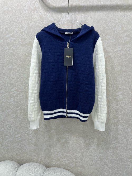 Fendi Color-blocked Hooded Knitted Cardigan with Double F Motif