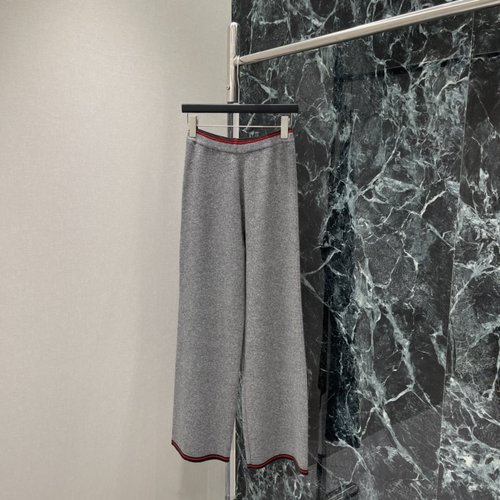 Gucci Wool Wide-Leg Trousers with Red and Green Ribbon Accents